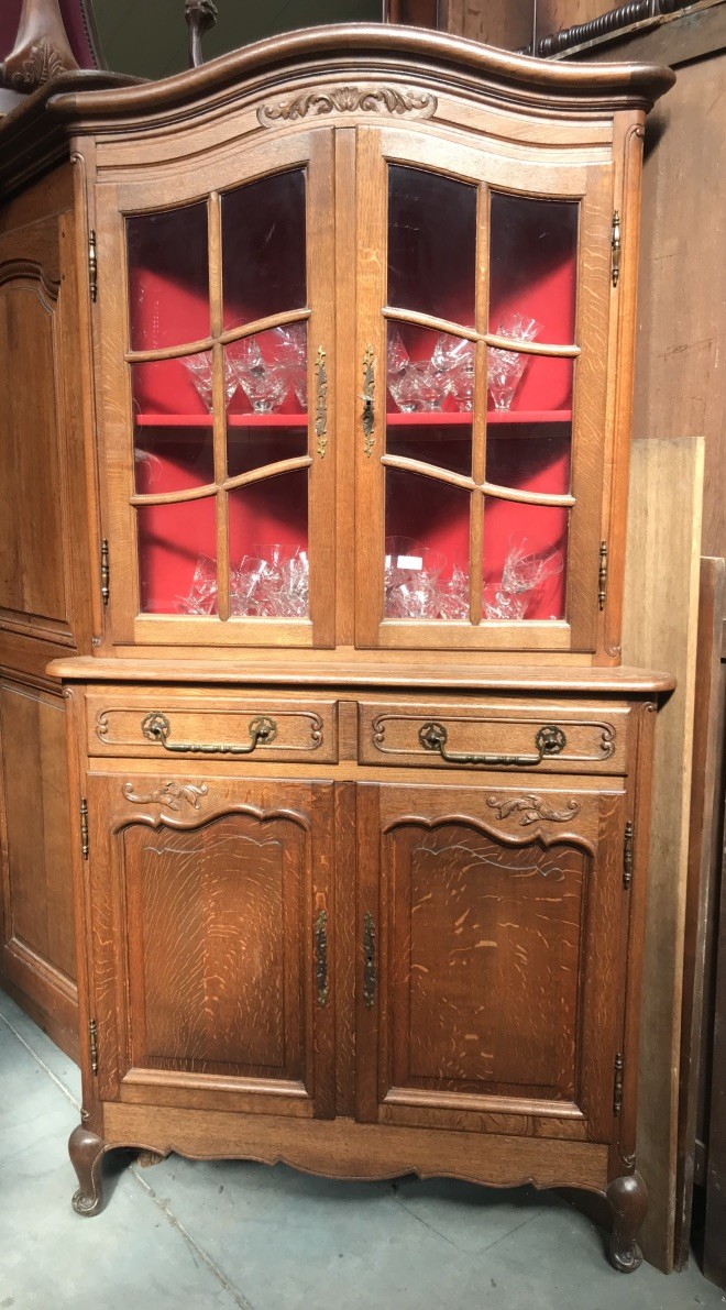 French provincial floral oak two door corner bookcase cabinet.