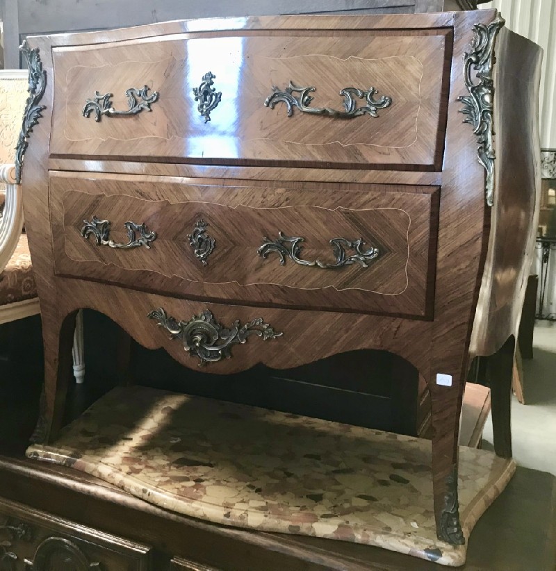 Fine French Louis XVth walnut & inlaid two drawer commode with sienna marble top and bronze mounts.