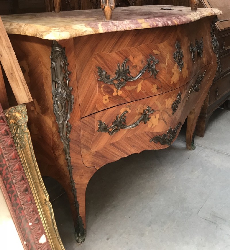 Fine French Louis XVth walnut & floral marquetry inlaid commode with marble top and bronze mounts.
