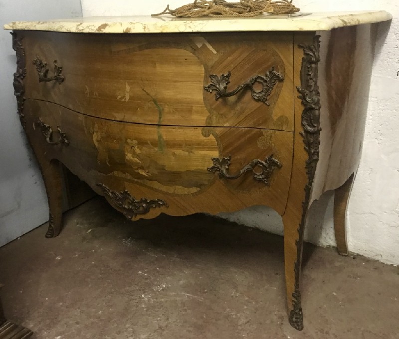 Interesting French Louis XVth walnut and marble top commode with marquetry Japanese scene to the drawer fronts.