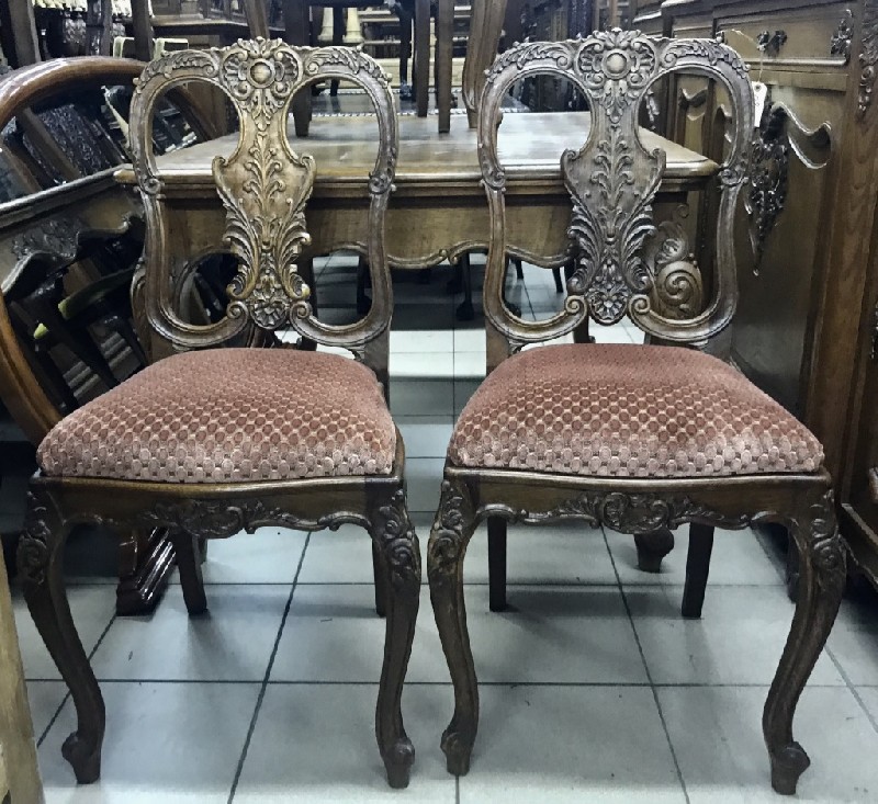 Set of six French Louis XVth floral carved & upholstered dining chairs.