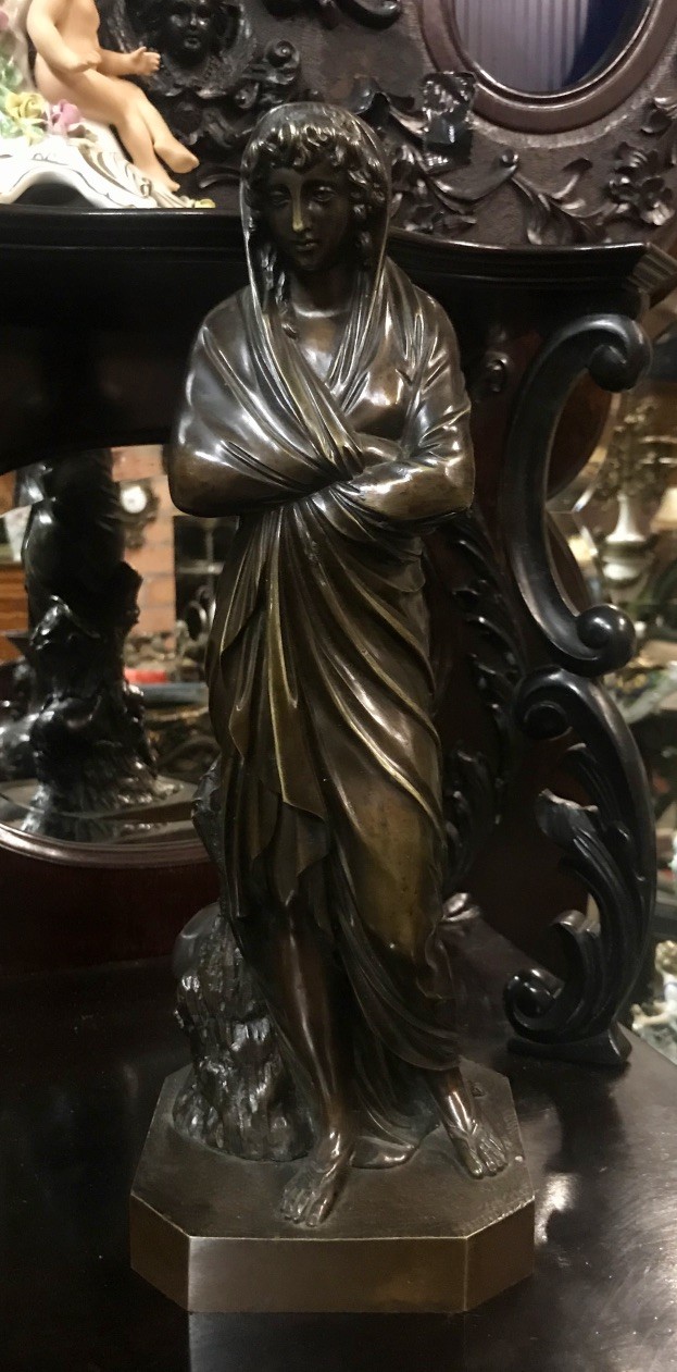 19th century French bronze classical maiden statue, signed.