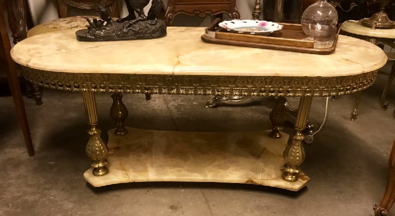 Decorative green onyx and brass coffee table.