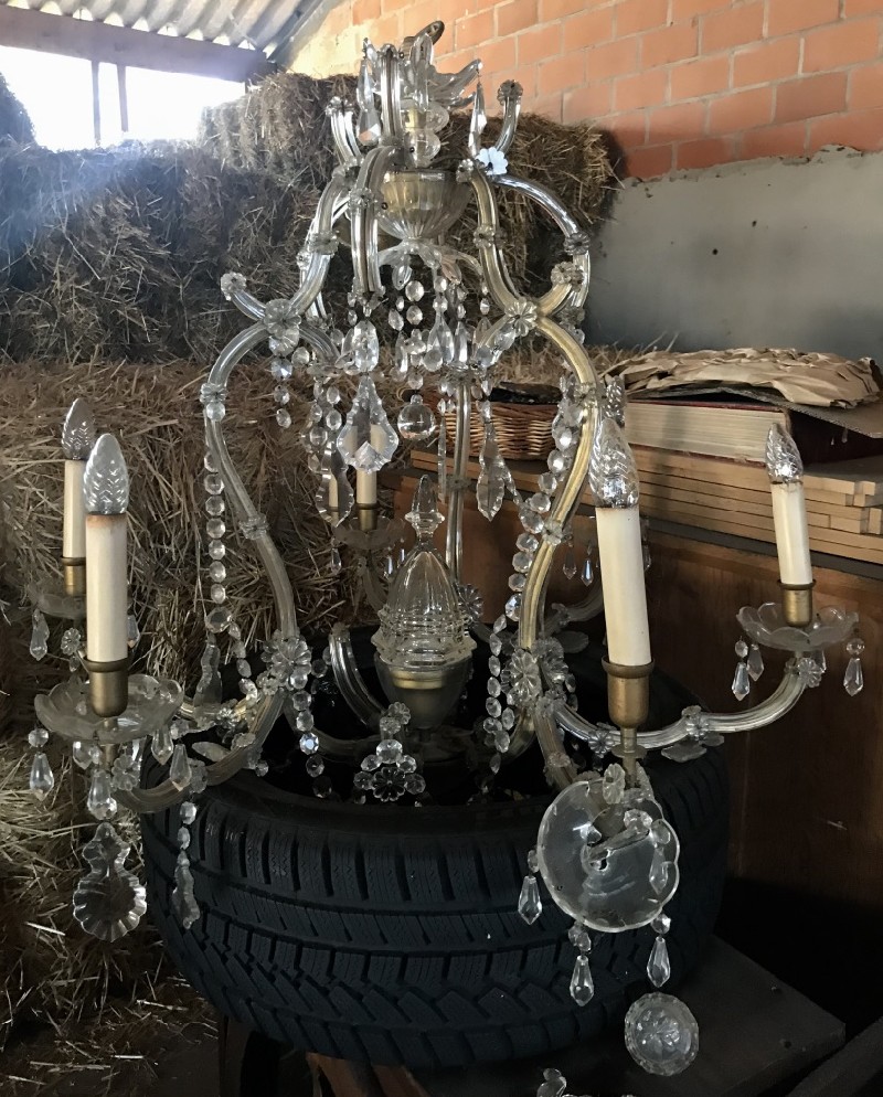 Large M.T. French crystal harp shaped 8 branch chandelier.