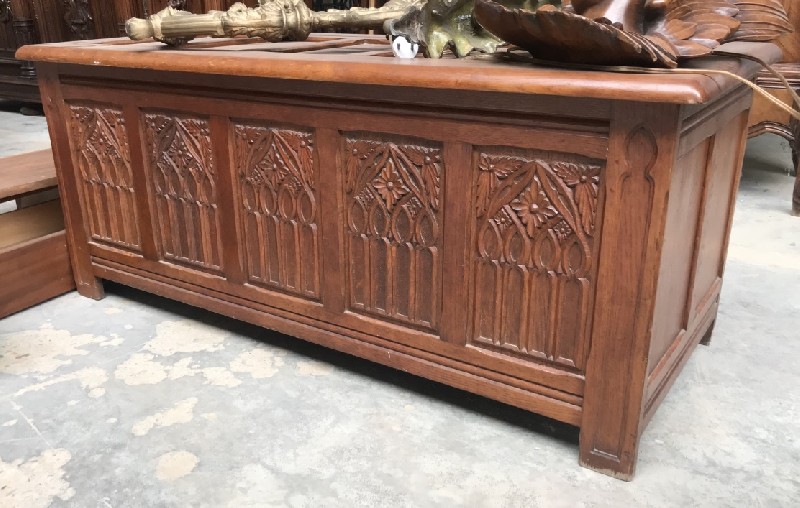 French gothic carved oak coffer trunk.