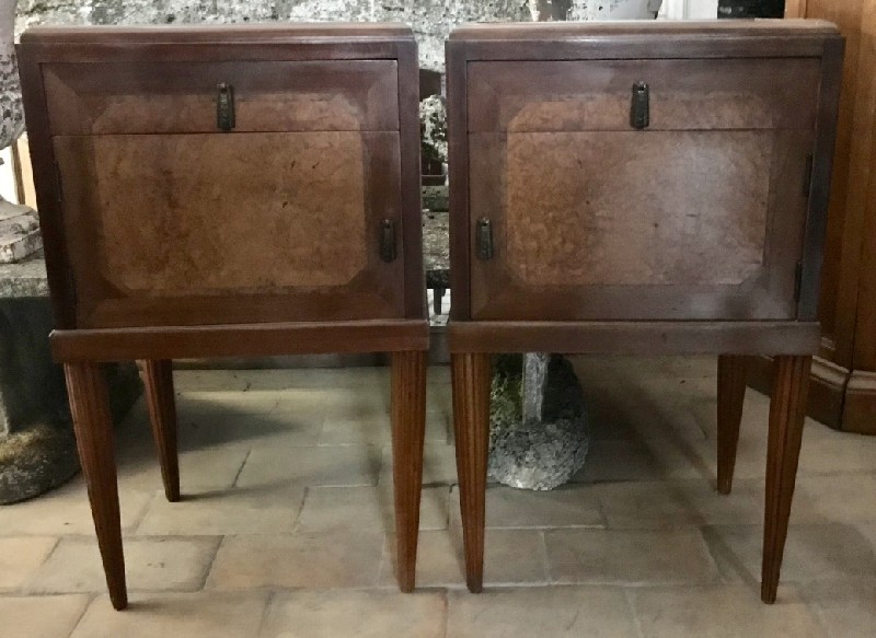 Pair of French art deco walnut & inlaid bedside cabinets with inset marble tops.