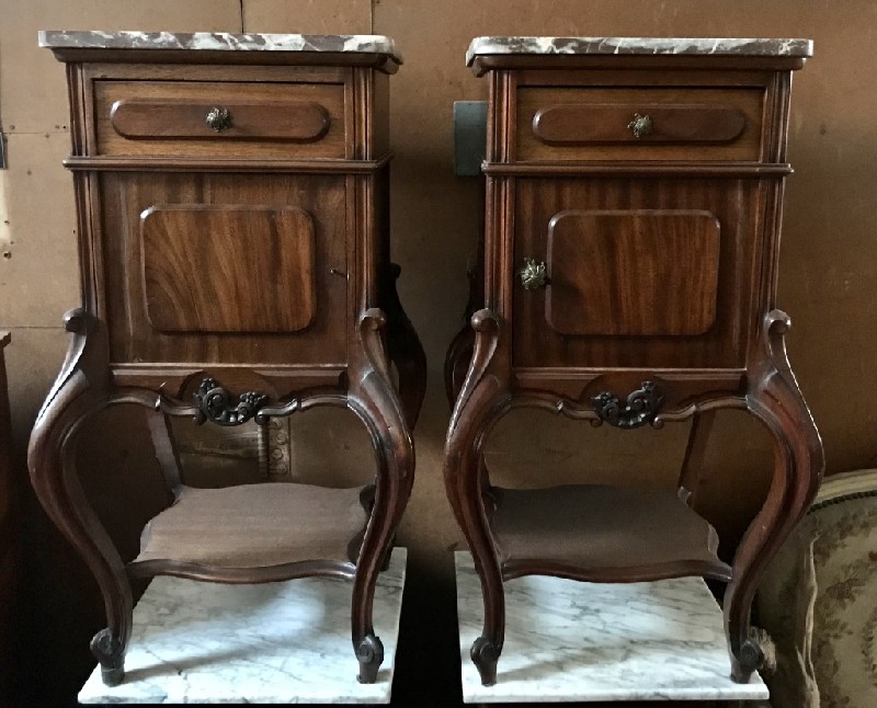 Pair of 19th century French Louis XVth mahogany & rouge marble top bedside cabinets.