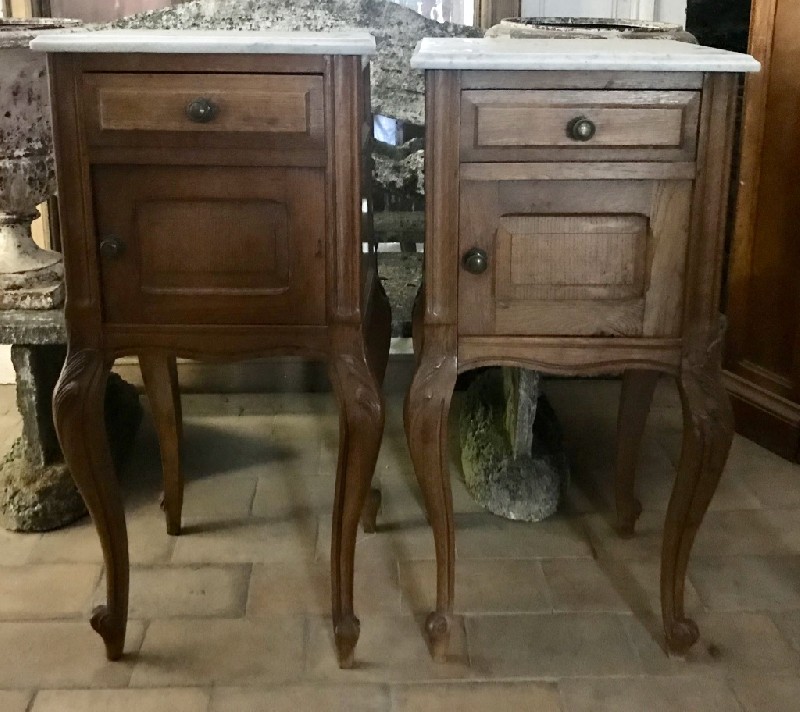 Pair of French late 19th century oak & white marble top bedside cabinets.