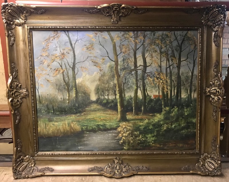 Gilt framed oil painting landscape French river scene signed.
