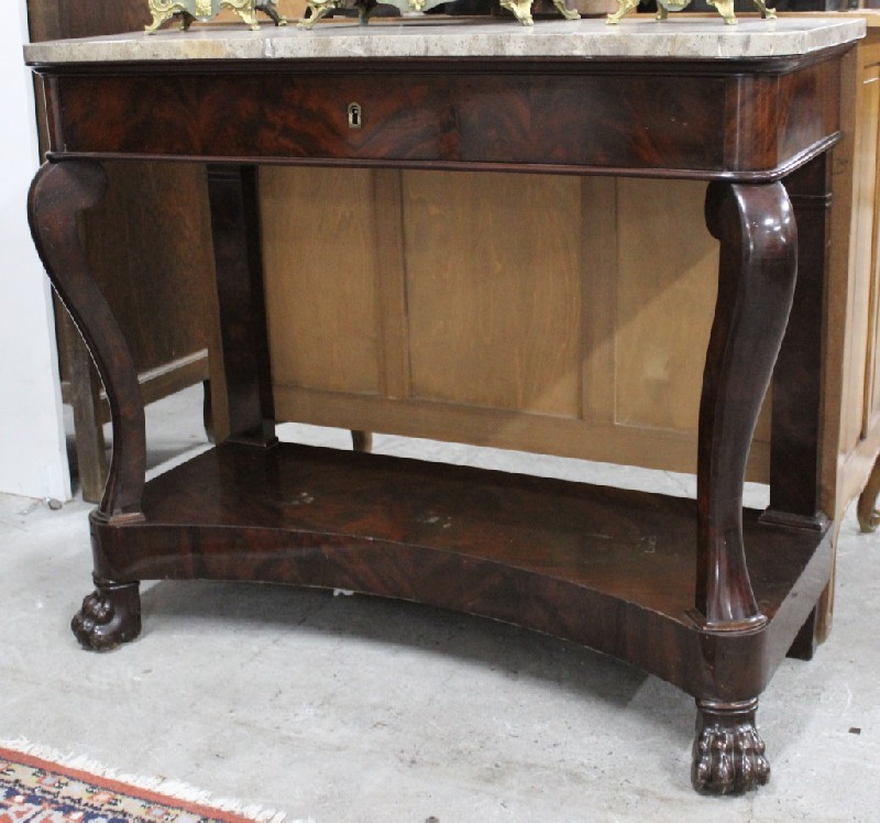 Mid-19th century French Napoleon 111 mahogany and grey marble top console table, on paw feet.