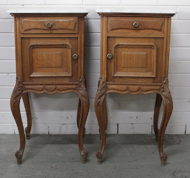 Pair of French Louis XVth oak & white marble top bedside cabinets.