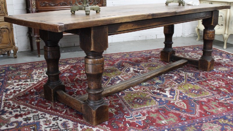 French early 20th century oak turned legged & stretcher based refectory table, length - 2450 mm.