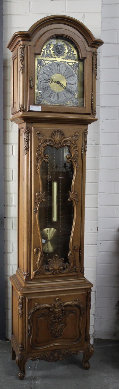 French provincial floral carved oak triple weight grand father clock.