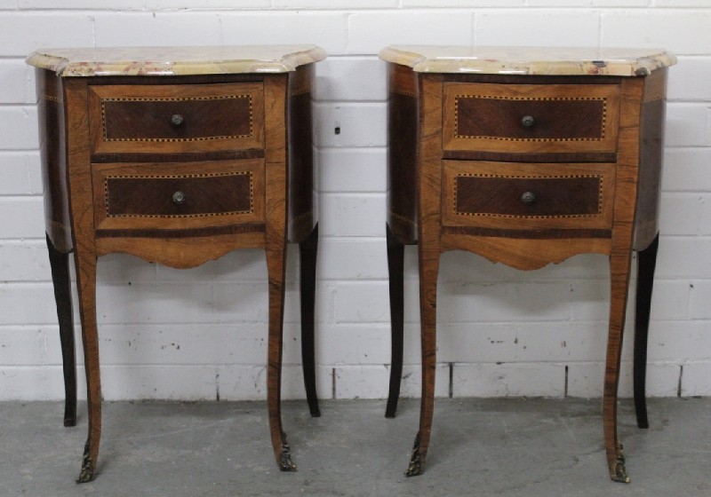 Pair of fine French Louis XVth walnut two drawer bedside cabinets with sienna marble tops.