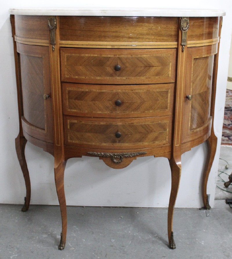 French early 20th century Louis XVth walnut & inlaid demi lune commode with white marble top.