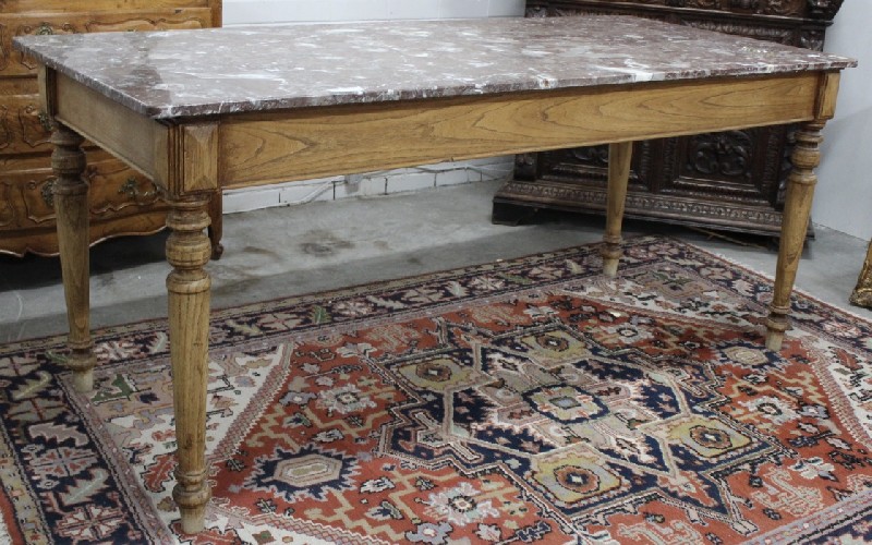 19th century French oak turned legged dining table with amazing rouge marble top.
