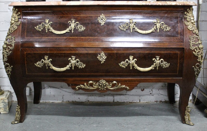 Impressive French Louis XVth walnut & inlaid marble top commode with superb bronze & ormolu mounts.