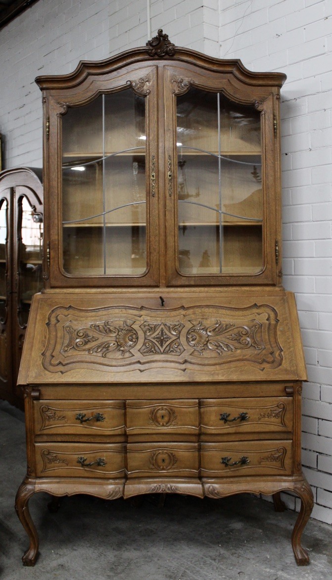 French provincial oak & floral carved fall front bureau bookcase.