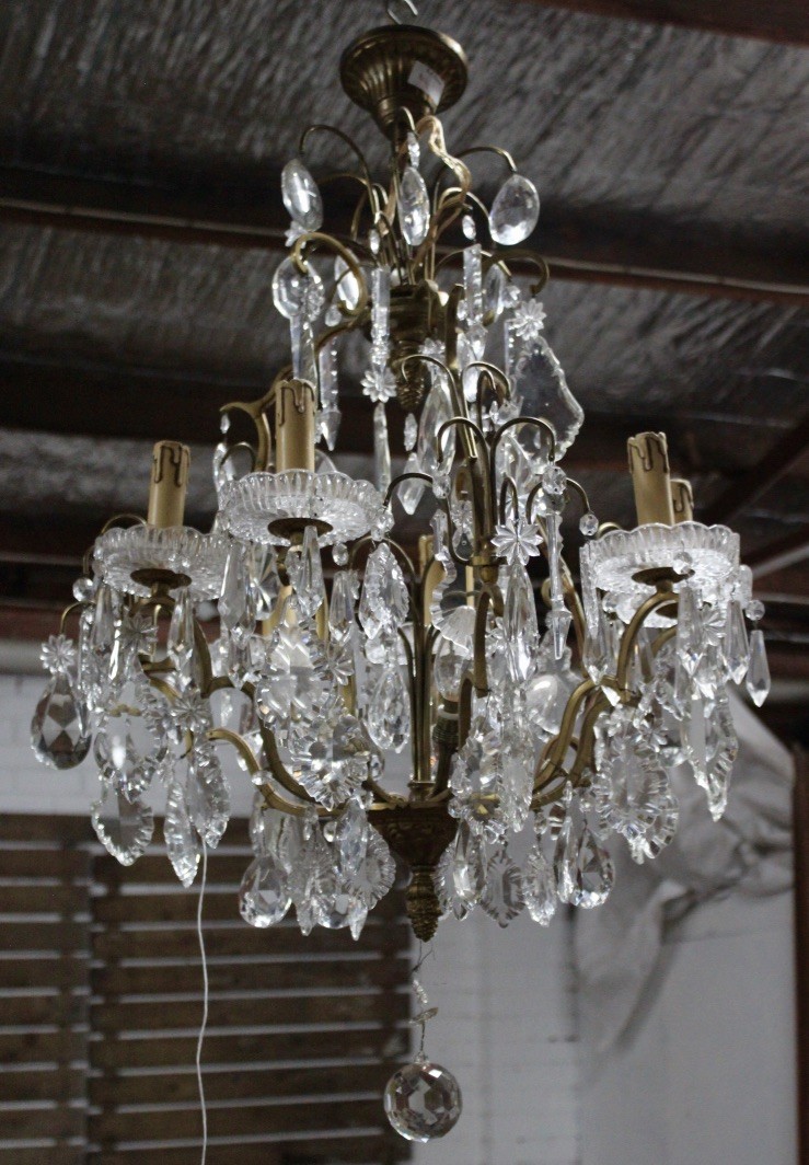 Fine French early 20th century bronze harp shaped 6 branch chandelier with cut crystal drops and flowers.