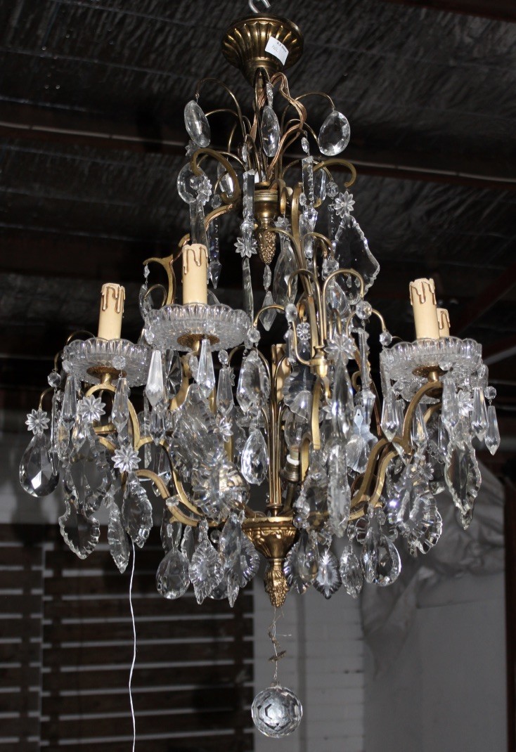 Fine French early 20th century bronze harp shaped 6 branch chandelier with cut crystal drops and flowers.