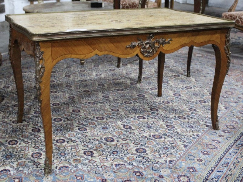French Louis XVth walnut & inlaid coffee table with marble top and ormolu mounts.