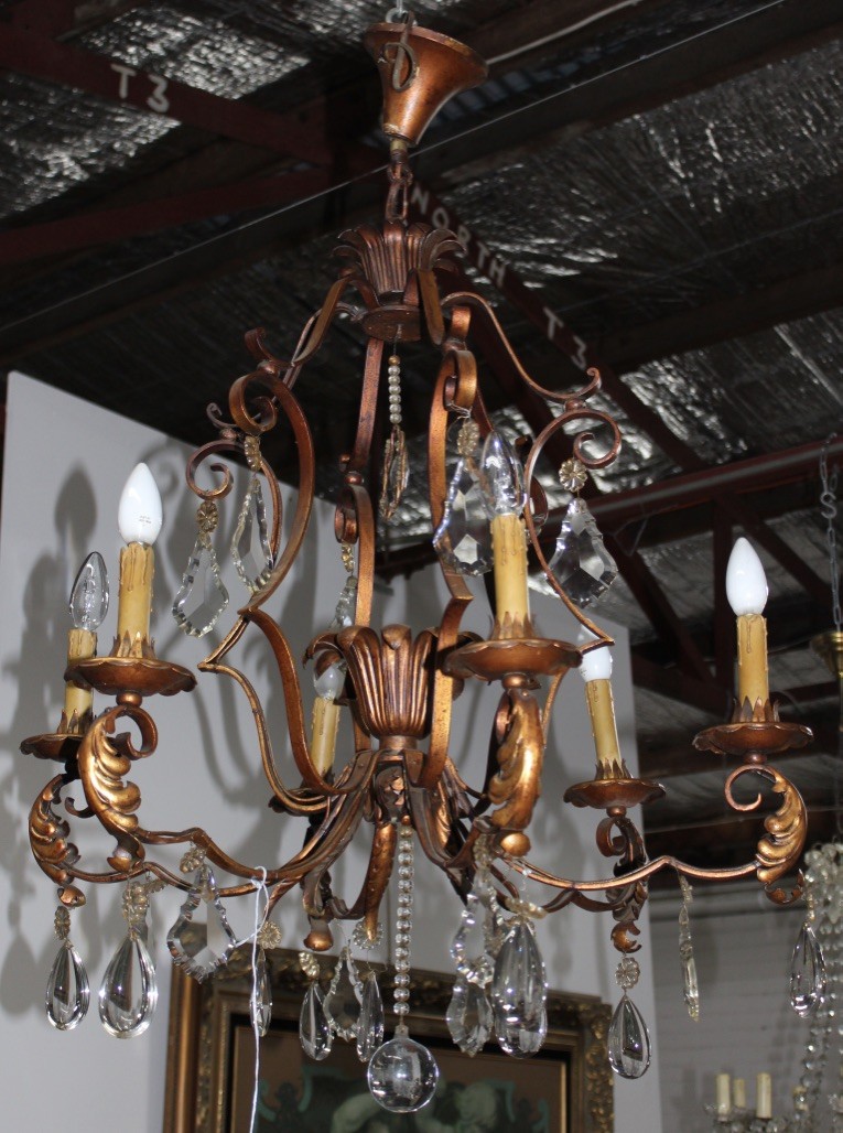 Decorative Italian gilt metal and crystal drop 6 branch light fitting.