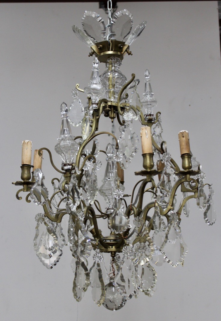 Magnificent 19th century French bronze harp shaped 6 branch chandelier with cut crystal drops, having 7 crystal spears and crystal prisms to the top.