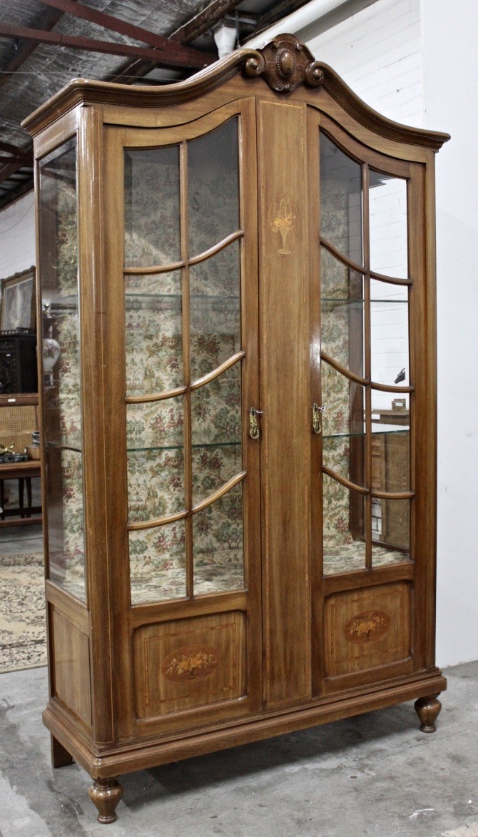 Fine French walnut & floral marquetry inlaid two door display vitrene.