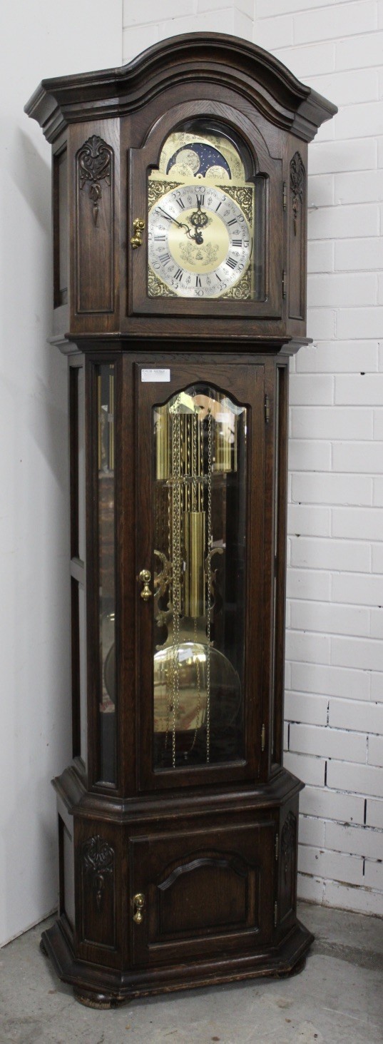 French provincial oak cased grand father clock with triple brass weights & moon dial.