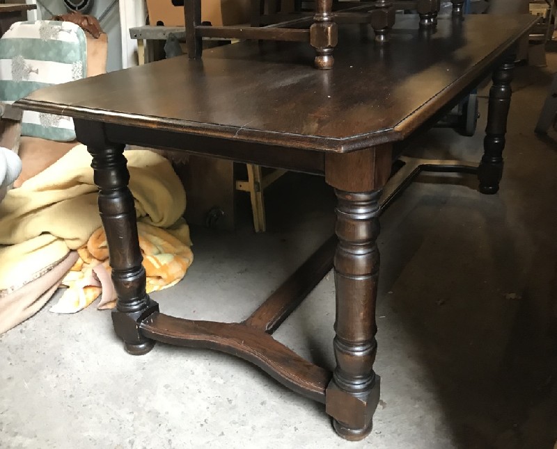 French provincial oak and stretcher based refectory table.