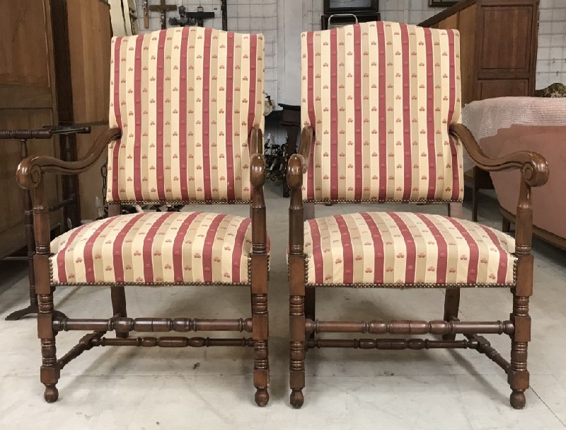 Pair of French walnut and stripped upholstered fauteuils.