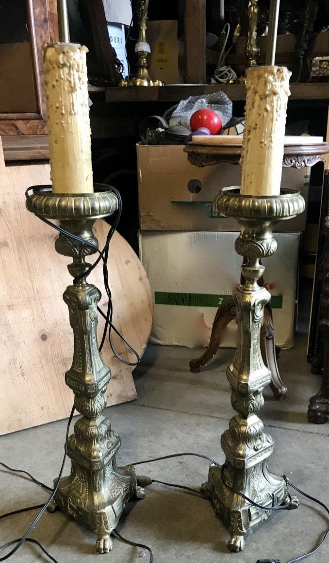 Pair of French 19th century brass candle stick table lamps.