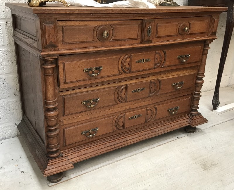 French late 19th century oak 5 drawer commode with bronze handles.