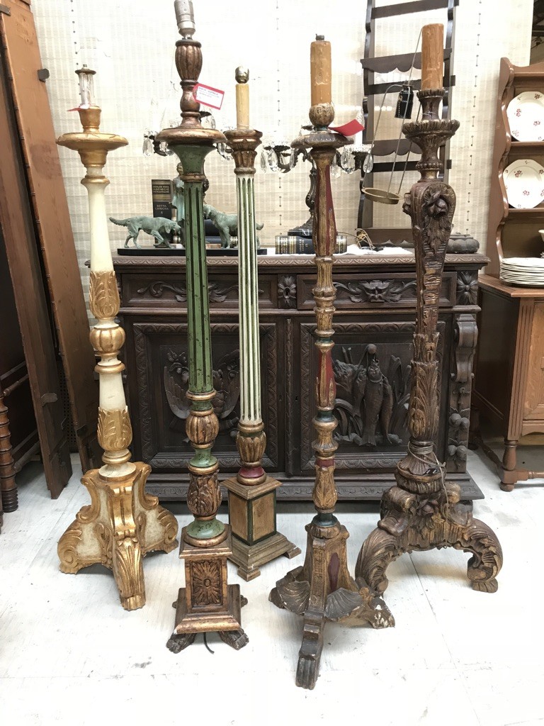 Collection of 5 Florentine gilt wood and lacquered floor lamps.