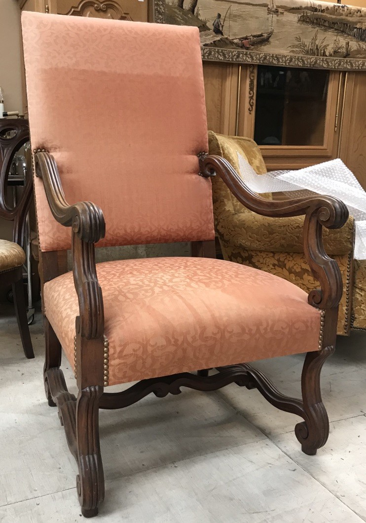 French oak & upholstered fauteuil.