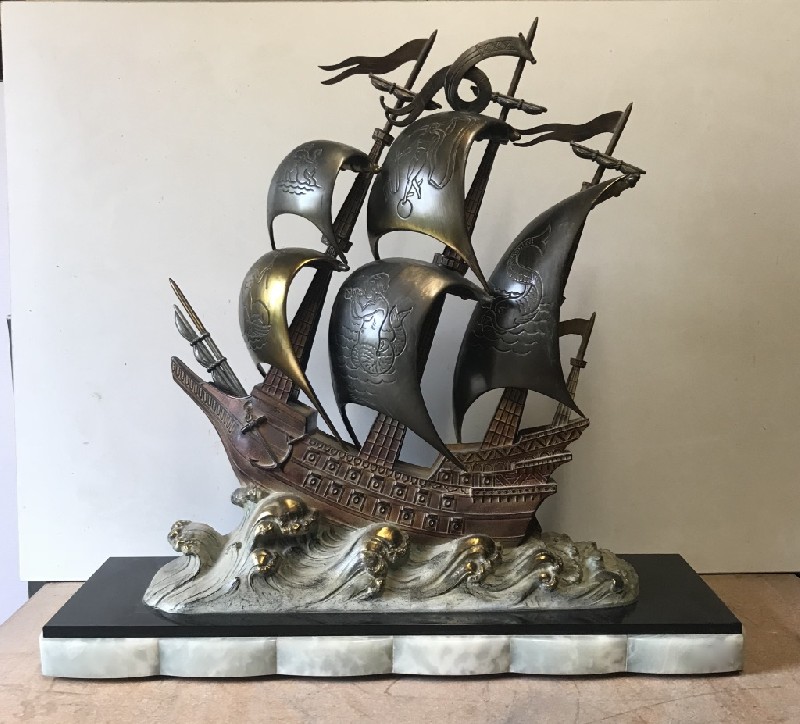 Impressive French mid-20th century spelter and bronze statue of a Spanish Armada on onyx and marble base.
