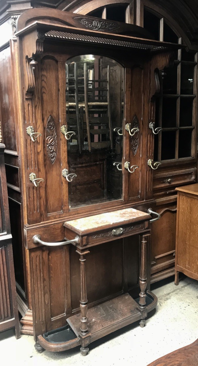 French carved oak & rouge marble top hall stand.