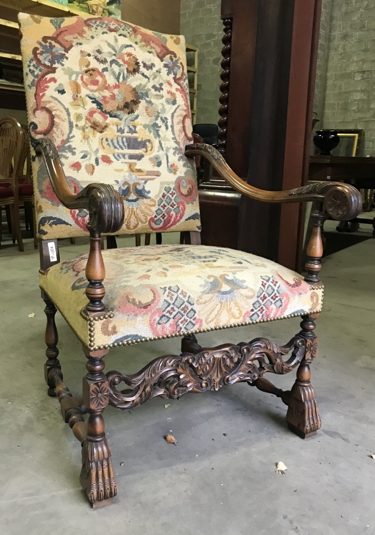 Fine quality French 19th century walnut & floral tapestry upholstered fauteuil.