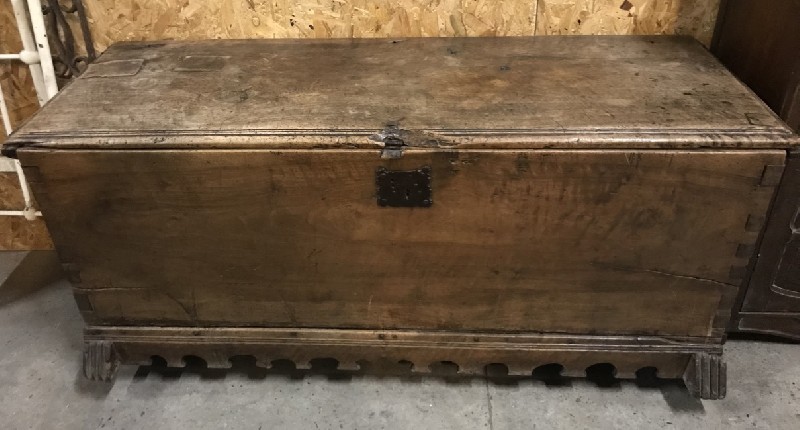 18th century French chestnut coffer trunk with original iron hardware.