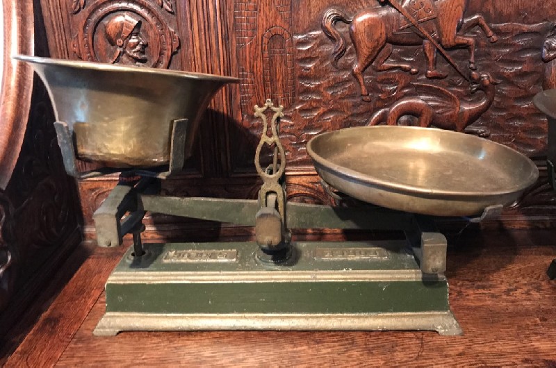French cast iron kitchen scales with brass trays.