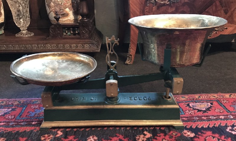 French cast iron kitchen scales with brass trays.