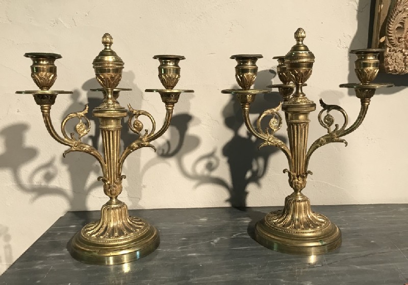 Pair of French early 20th century bronze 3 branch lamps.