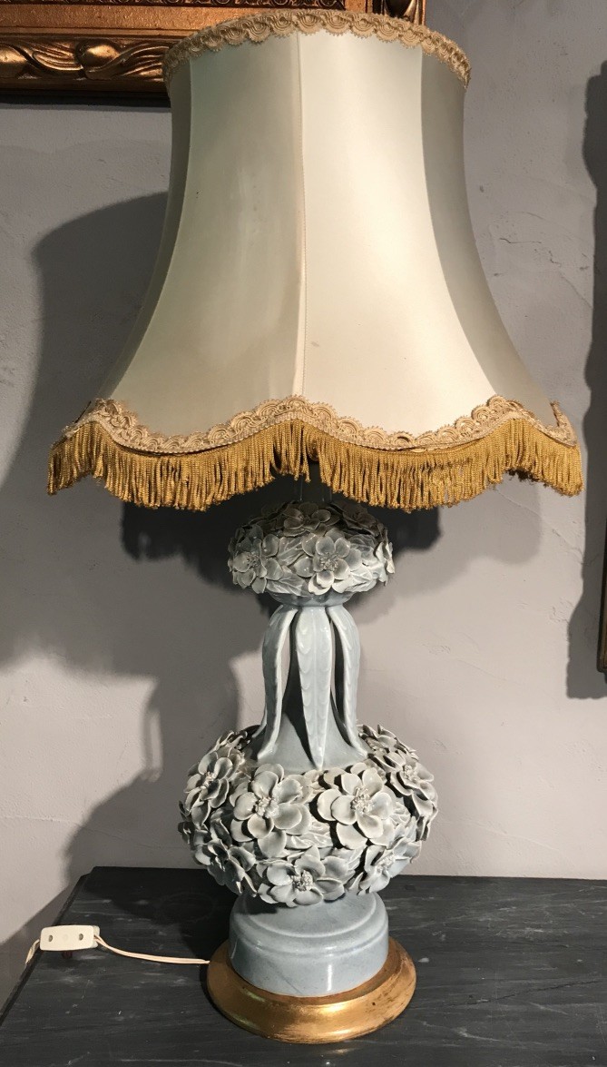 Italian floral porcelain table lamp and shade.
