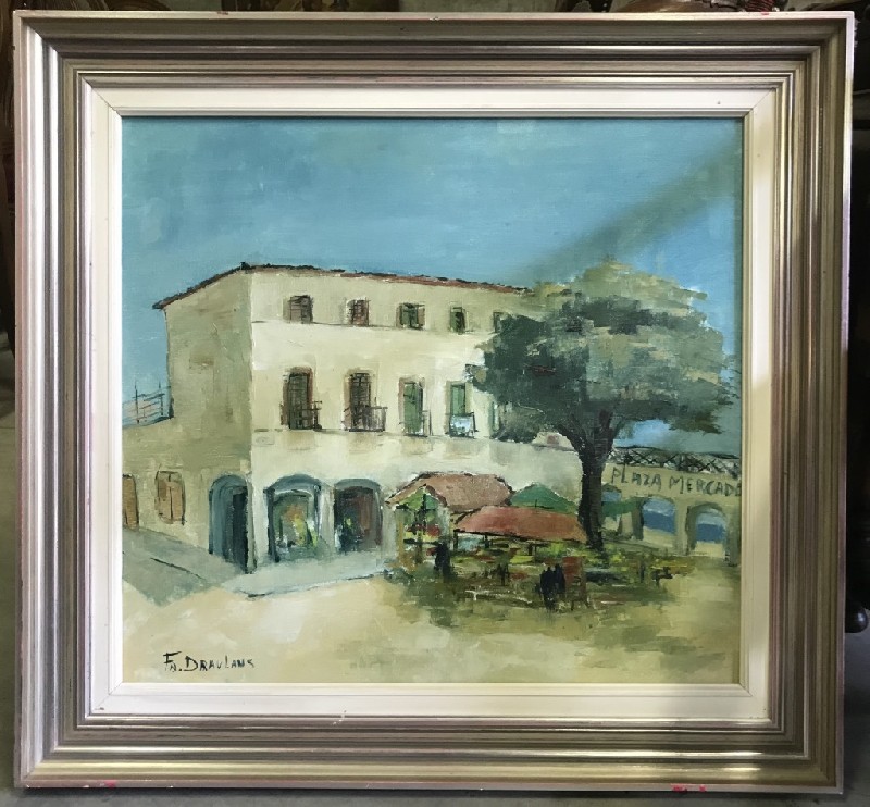 Framed French oil painting of a cafe bar in the south of France, signed.