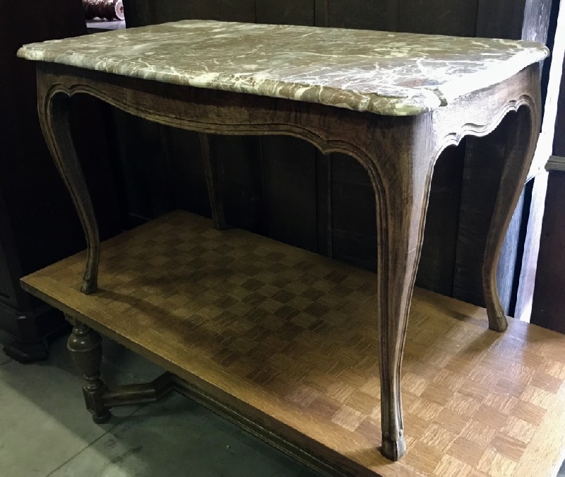 French provincial oak & rouge marble top coffee table