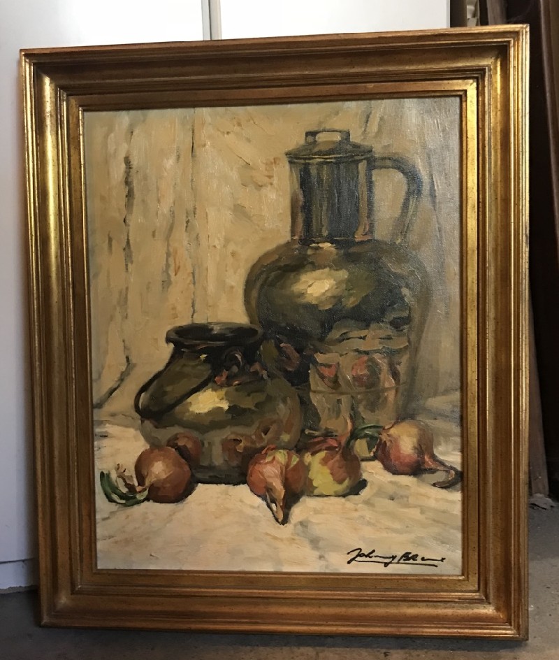Gilt framed oil painting still life of onions signed.