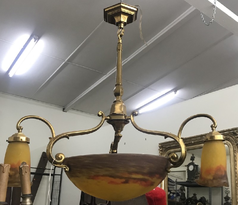 Signed Muller Free French bronze and yellow art glass 3 branch ceiling light.