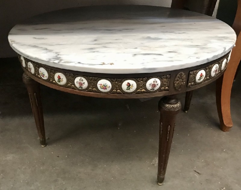 French walnut & white marble top circular coffee table with limoges panels.