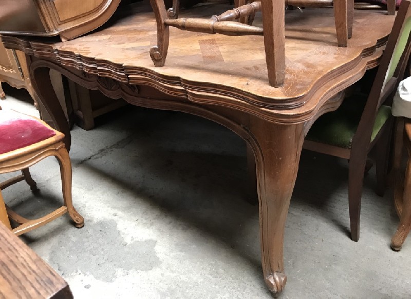 French provincial honey oak & parquetry top d-leaf dining table.