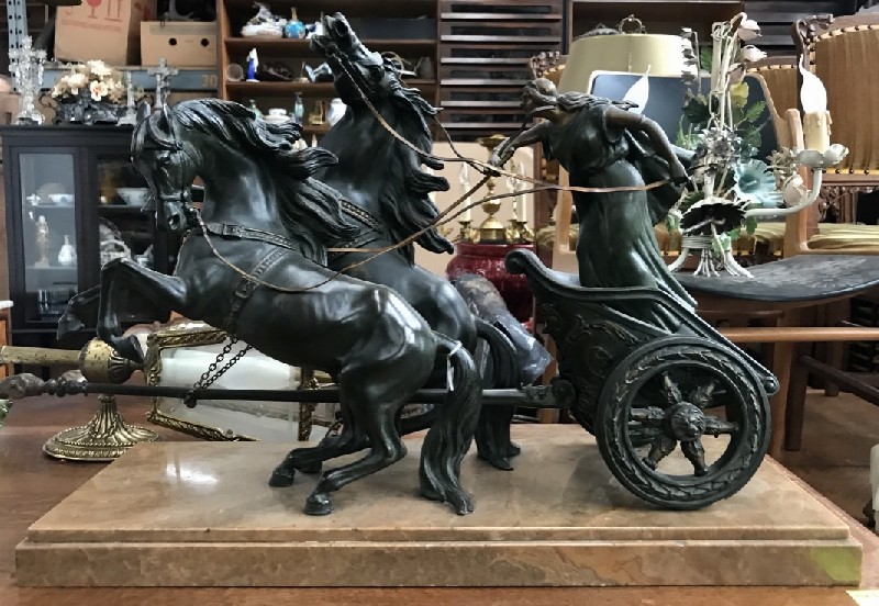 French spelter & bronze horse & chariot figured statue on marble base.